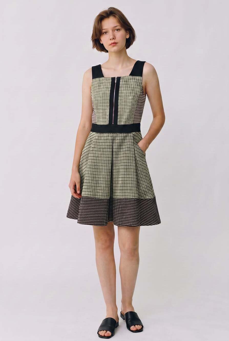 Karen Millen Neon Tweed Colorblock Sleeveless Zip Front Fit & Flare Dress US 6